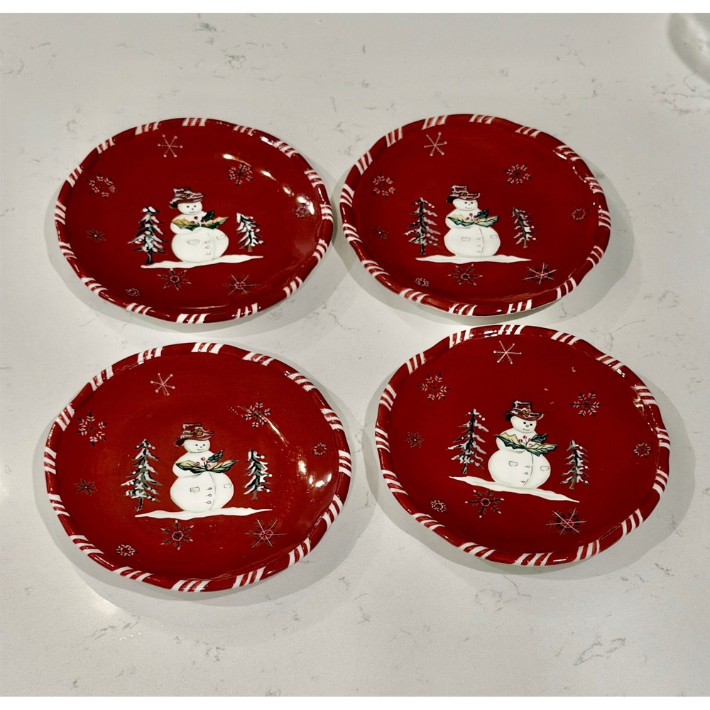 Tracy Jolly Ol Snowy Red Snowman Christmas Plates Set of 4 Scalloped 8in